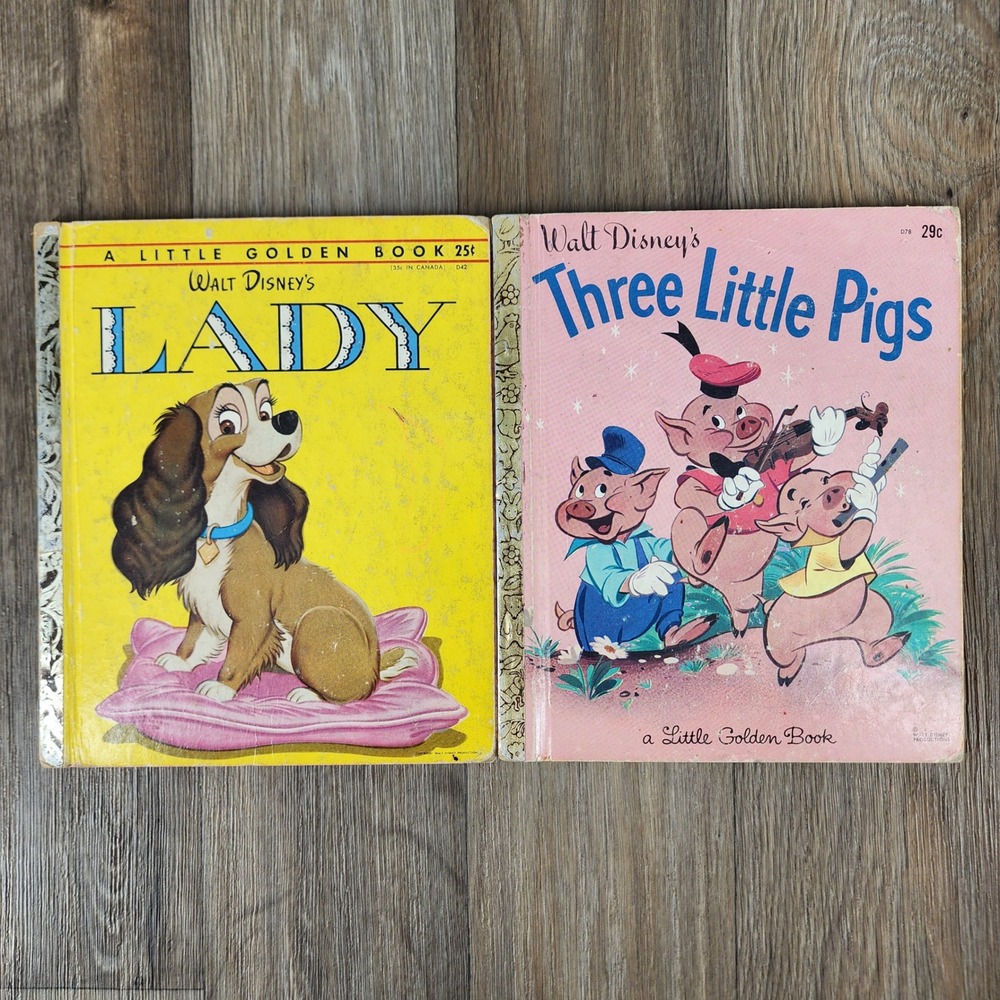 Vintage Walt Disney Little Golden Books Lady and Three Little Pigs Lot 2 D42 D78